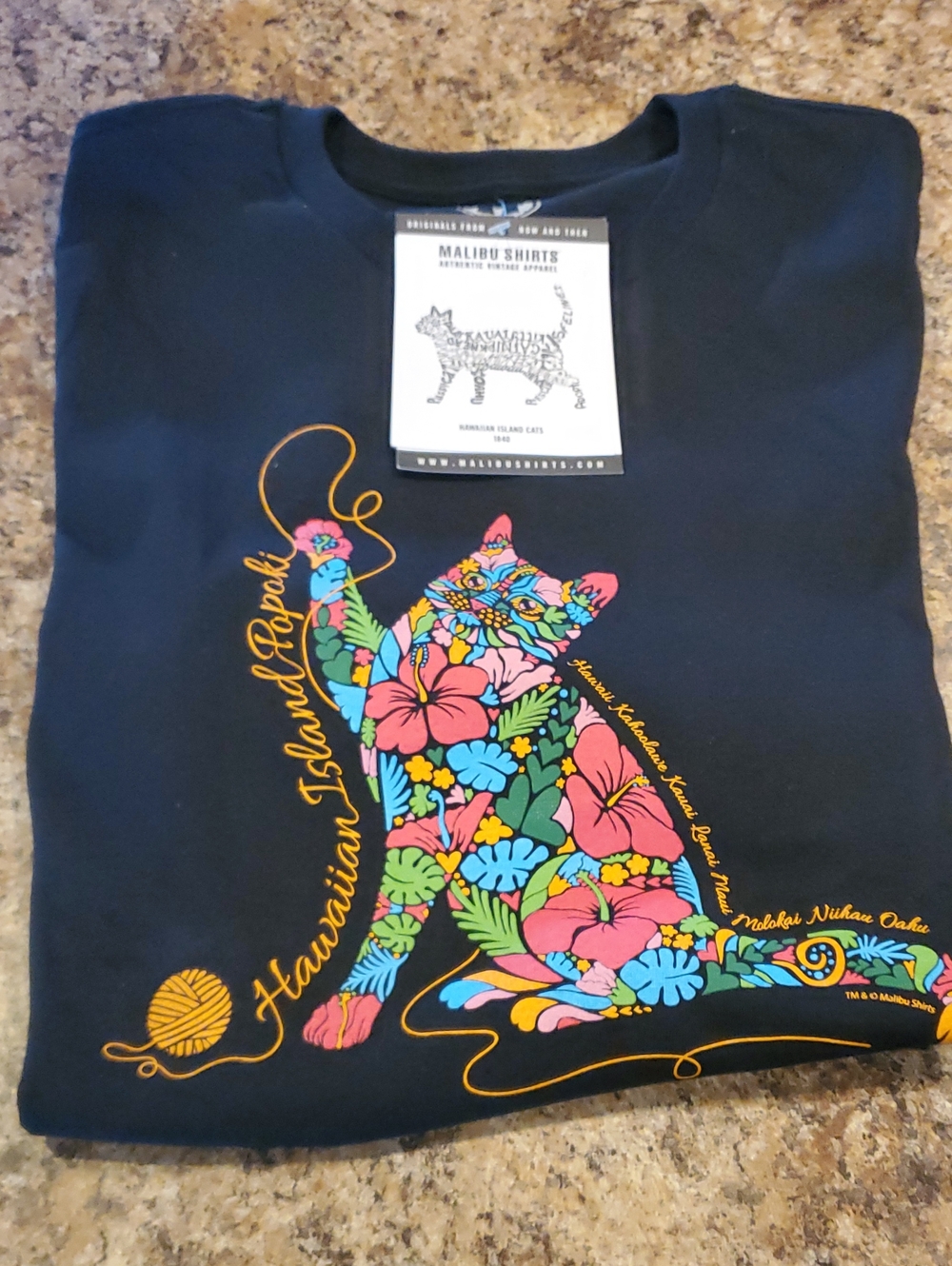 Malibu Shirts Black Hawaiian Island Cat Graphic Tee
